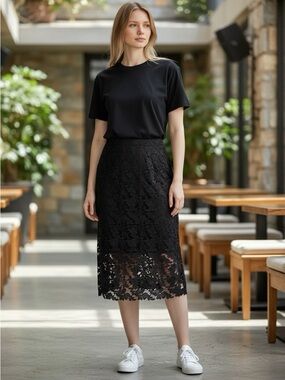 a new day Black Floral Lace Midi Skirt with Sheer Hem